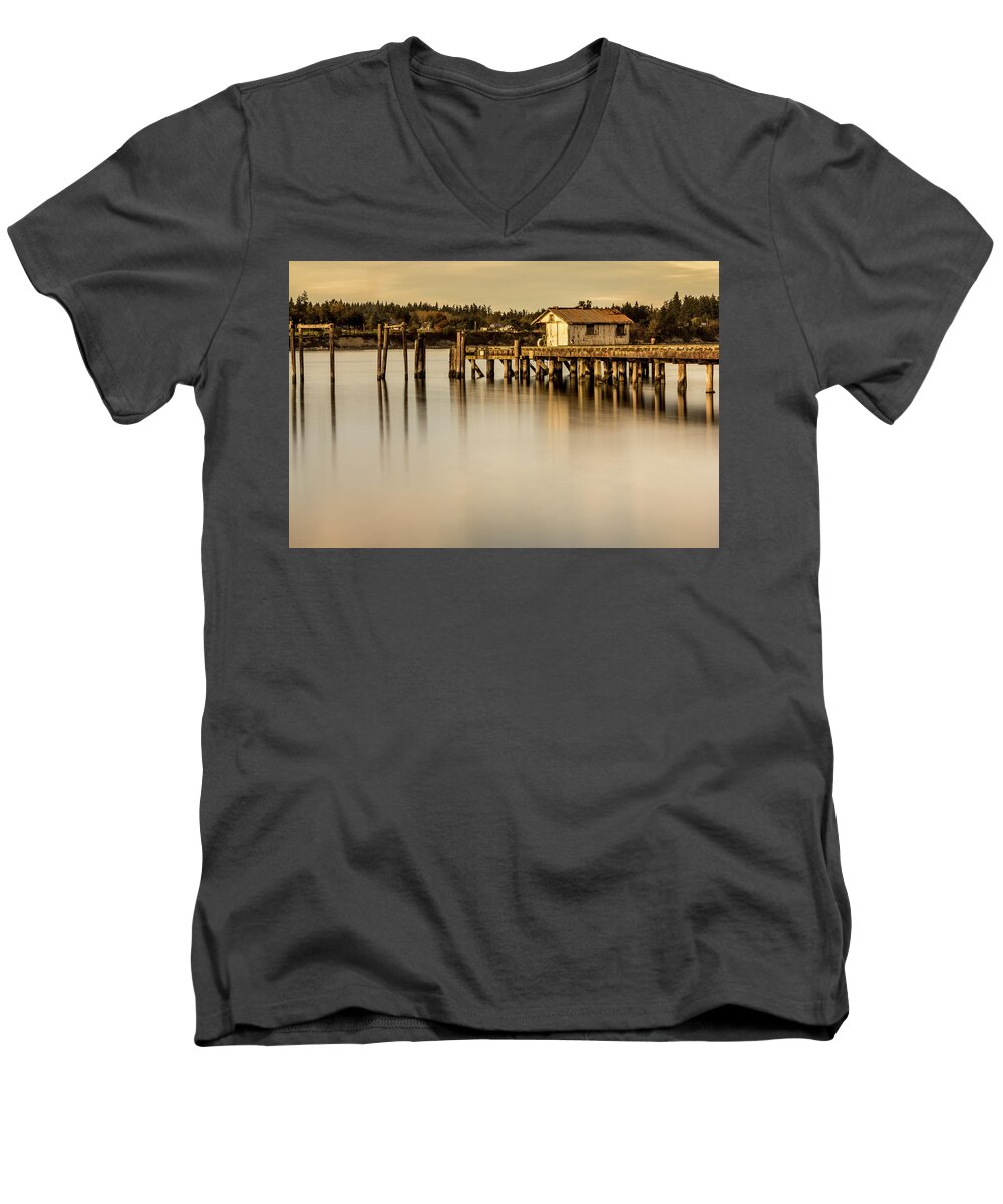 Dock Men's V-Neck T-Shirt featuring the photograph Fishermen Fuel Dock by Tony Locke