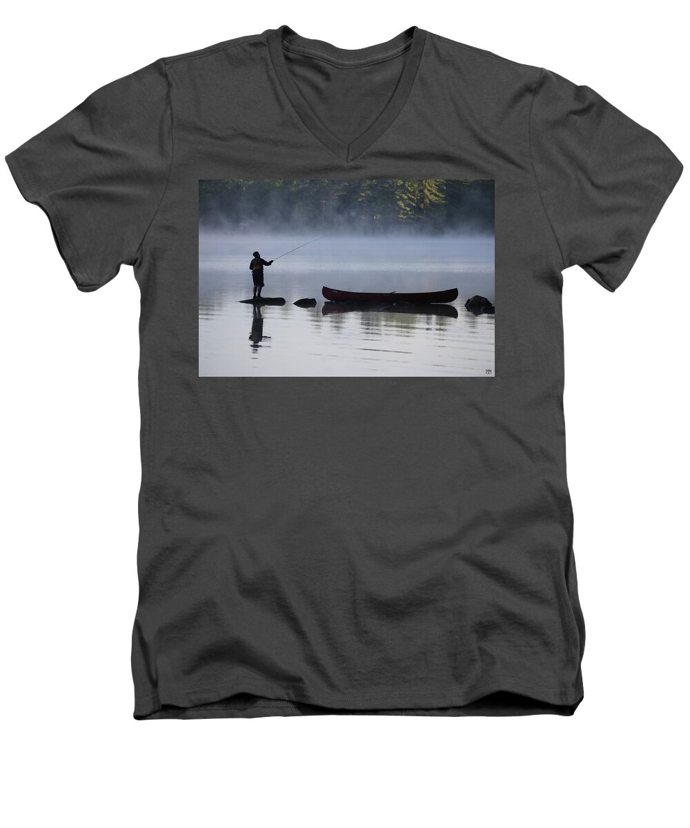 Fishing Men's V-Neck T-Shirt featuring the photograph Fishing from the Rocks by John Meader