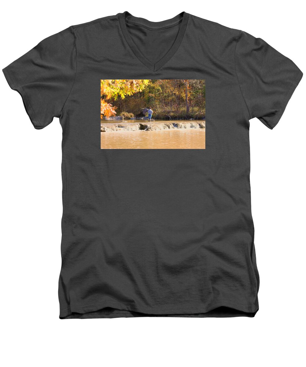 Nature Men's V-Neck T-Shirt featuring the photograph Fishing in Fall by Sheila Brown