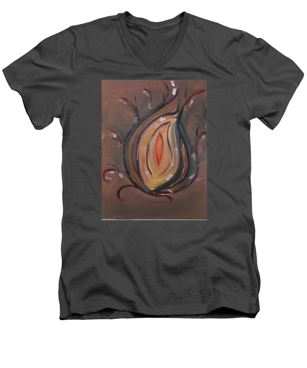Flame Intensity Strength Power Boldness Rebirth Umber Red Black White Yellow Men's V-Neck T-Shirt featuring the painting Flame by Sharyn Winters