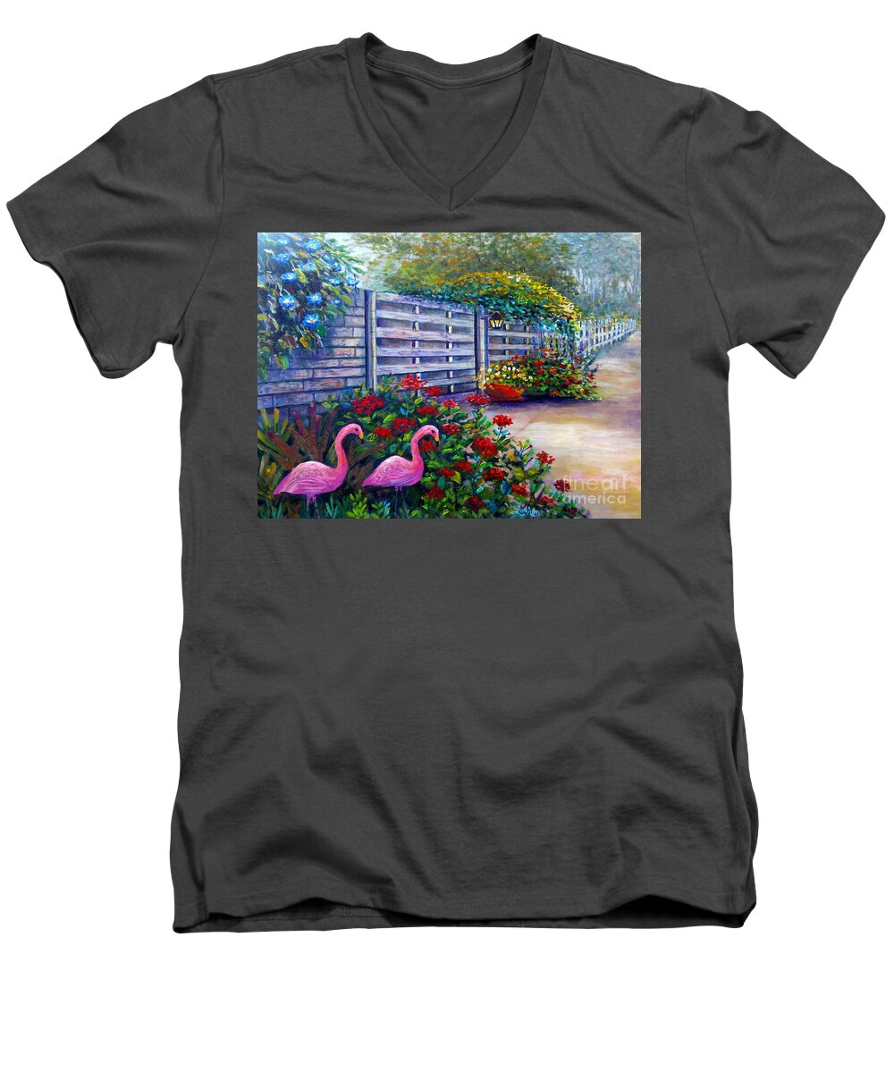 Flamingo Gardens Men's V-Neck T-Shirt featuring the painting Flamingo Gardens by Lou Ann Bagnall