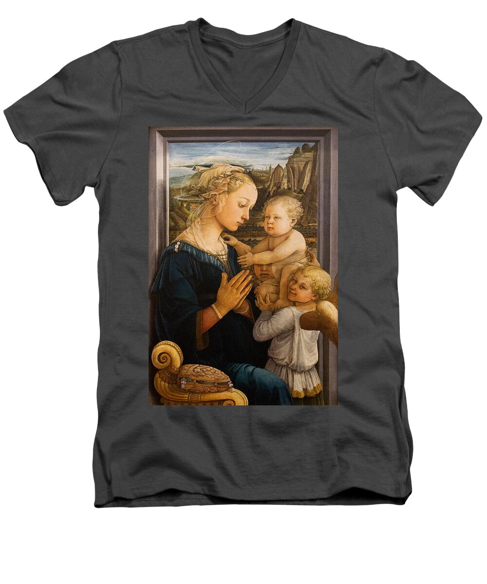 Madonna Men's V-Neck T-Shirt featuring the photograph Florence - Madonna and Child with angels- Filippo Lippi by Weston Westmoreland