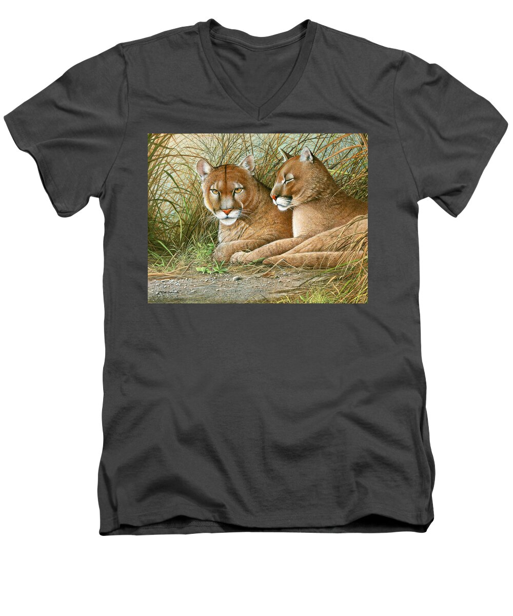 Panther Men's V-Neck T-Shirt featuring the painting Florida Siblings by Mike Brown