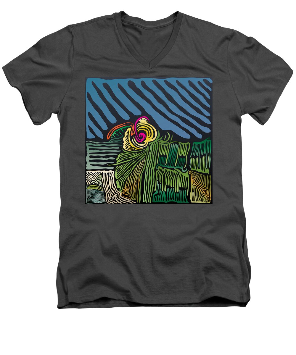 Woodcut Men's V-Neck T-Shirt featuring the digital art Flower and Field by Kevin McLaughlin
