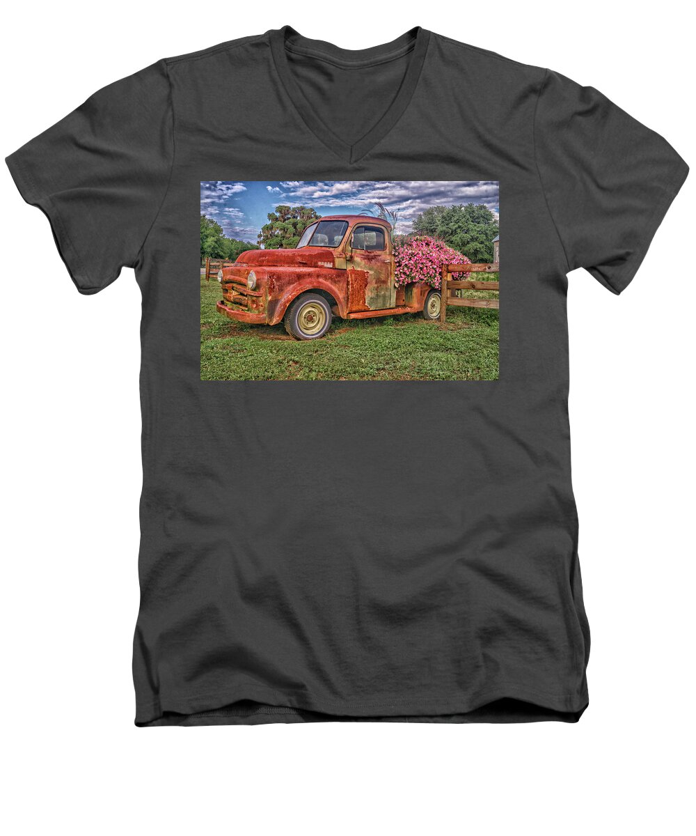 Dodge Men's V-Neck T-Shirt featuring the photograph Dodge Flower Bed by Dennis Dugan