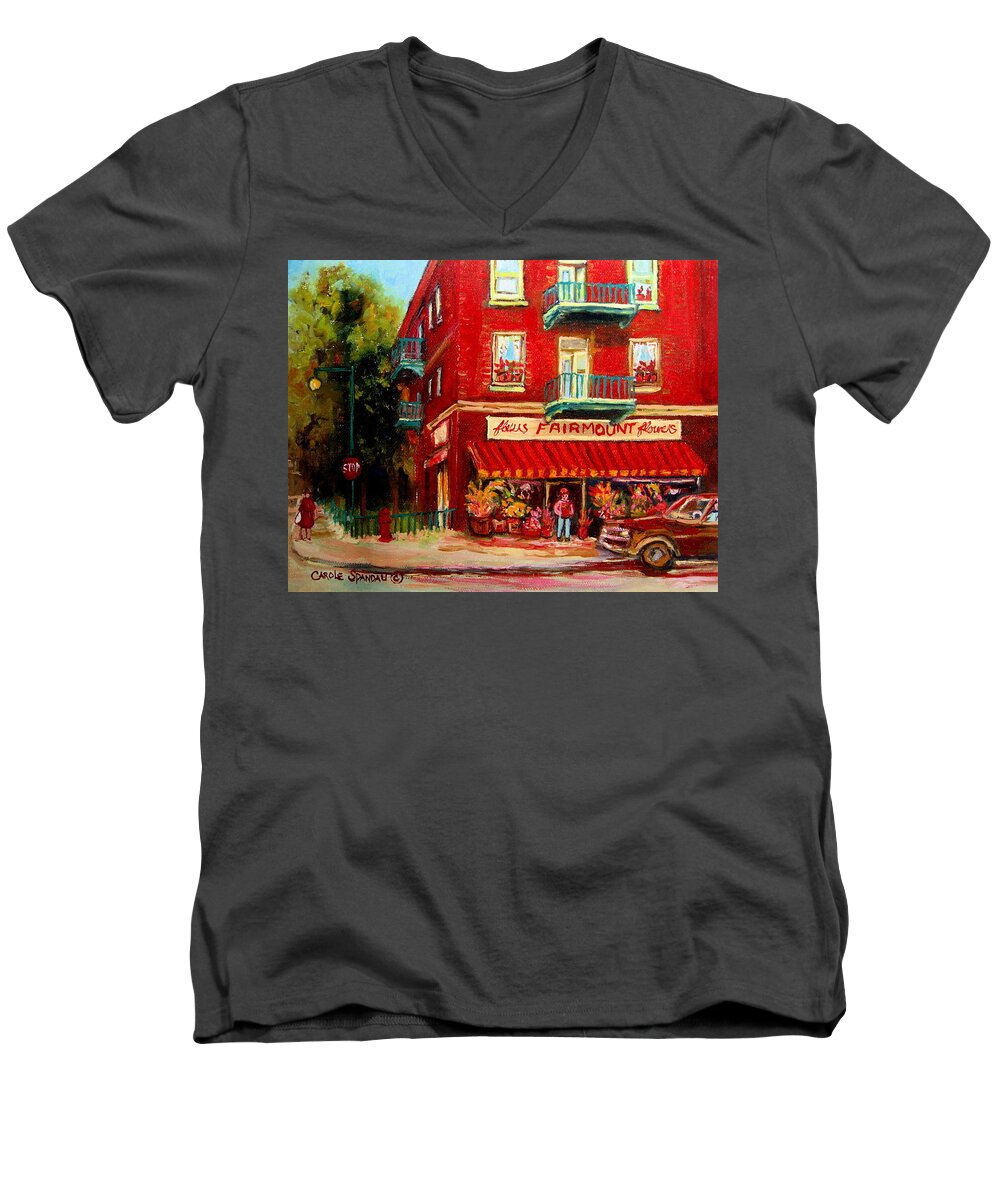 Fairmount Street Men's V-Neck T-Shirt featuring the painting Flower Shop On The Corner by Carole Spandau