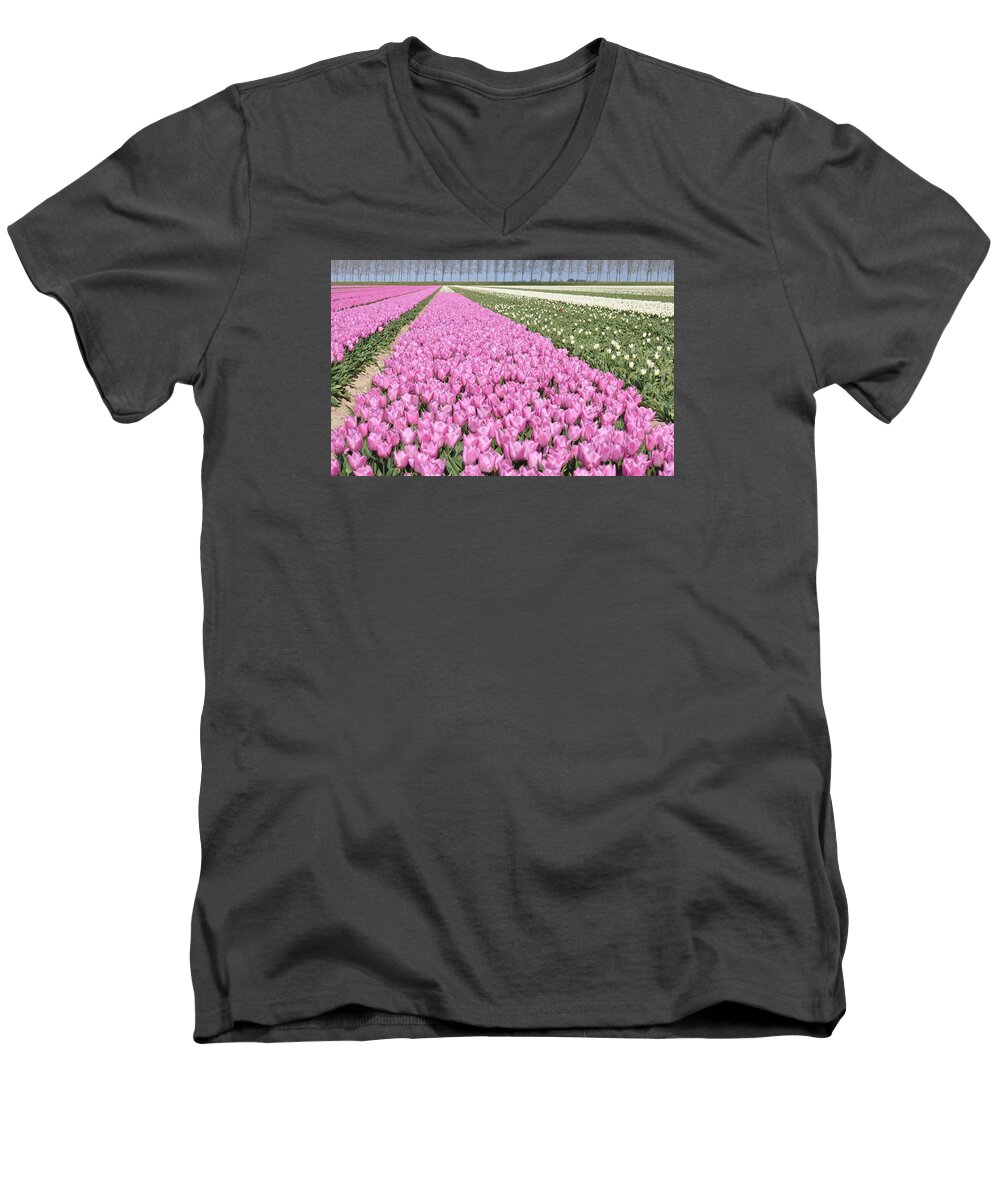 Flowerfields Men's V-Neck T-Shirt featuring the photograph Flowerfield, pink tulips by Eduard Meinema