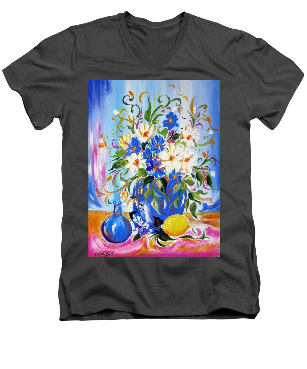 Flowers Men's V-Neck T-Shirt featuring the painting Flowers and lemon by Roberto Gagliardi
