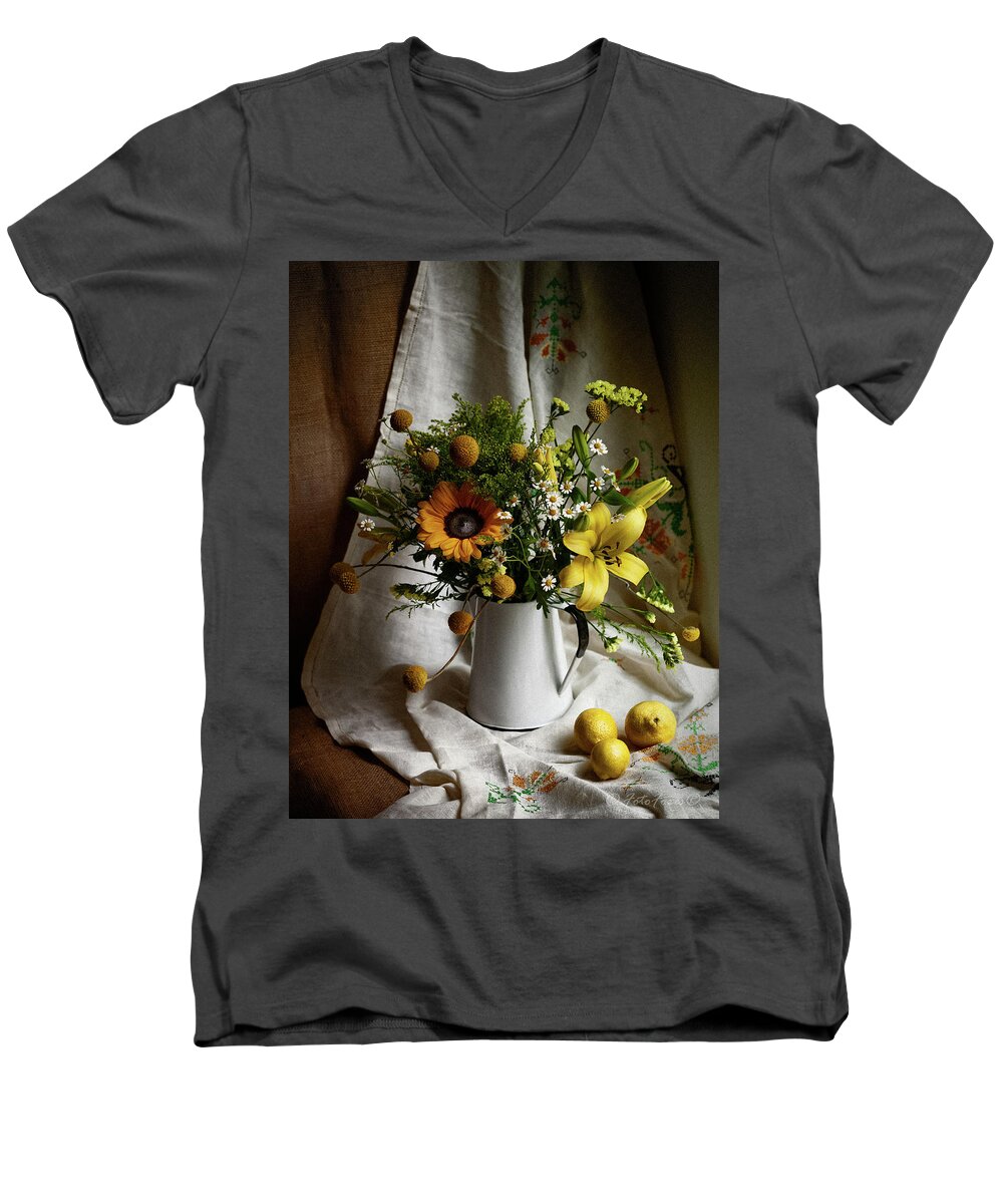 Flowers Men's V-Neck T-Shirt featuring the photograph Flowers and Lemons by Alexander Fedin
