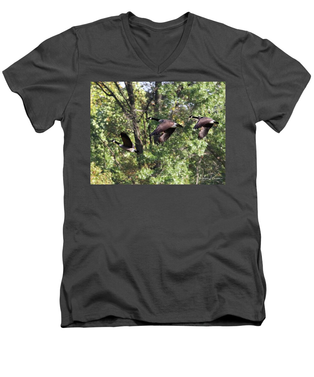 Geese Men's V-Neck T-Shirt featuring the photograph Fly Away by Jackson Pearson
