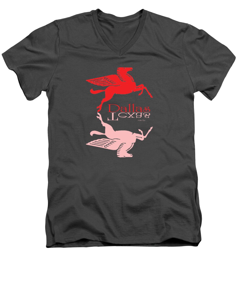  Men's V-Neck T-Shirt featuring the digital art Flying Red Horse Dallas Texas Reflection T-Shirt by Robert J Sadler