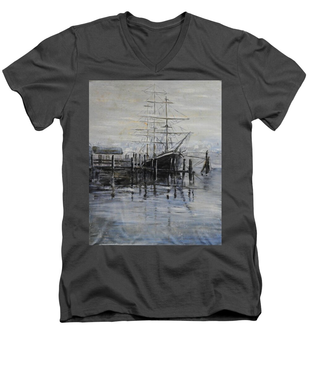 Ship Men's V-Neck T-Shirt featuring the painting Fog Bound at Tillamok by John W Walker