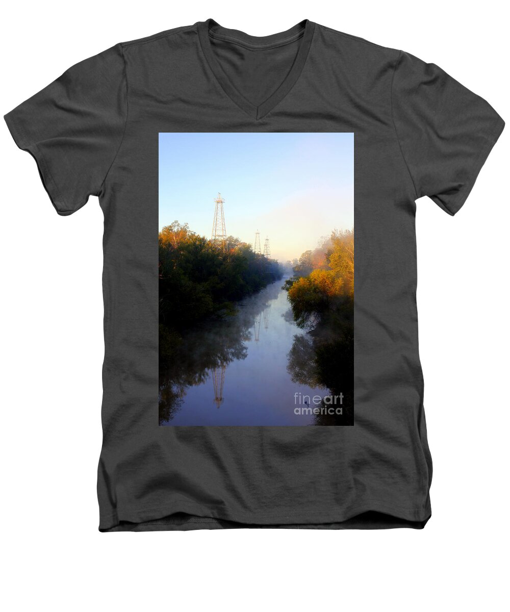 Foggy Morning Men's V-Neck T-Shirt featuring the photograph Foggy Fall Morning On The Sabine River by Kathy White