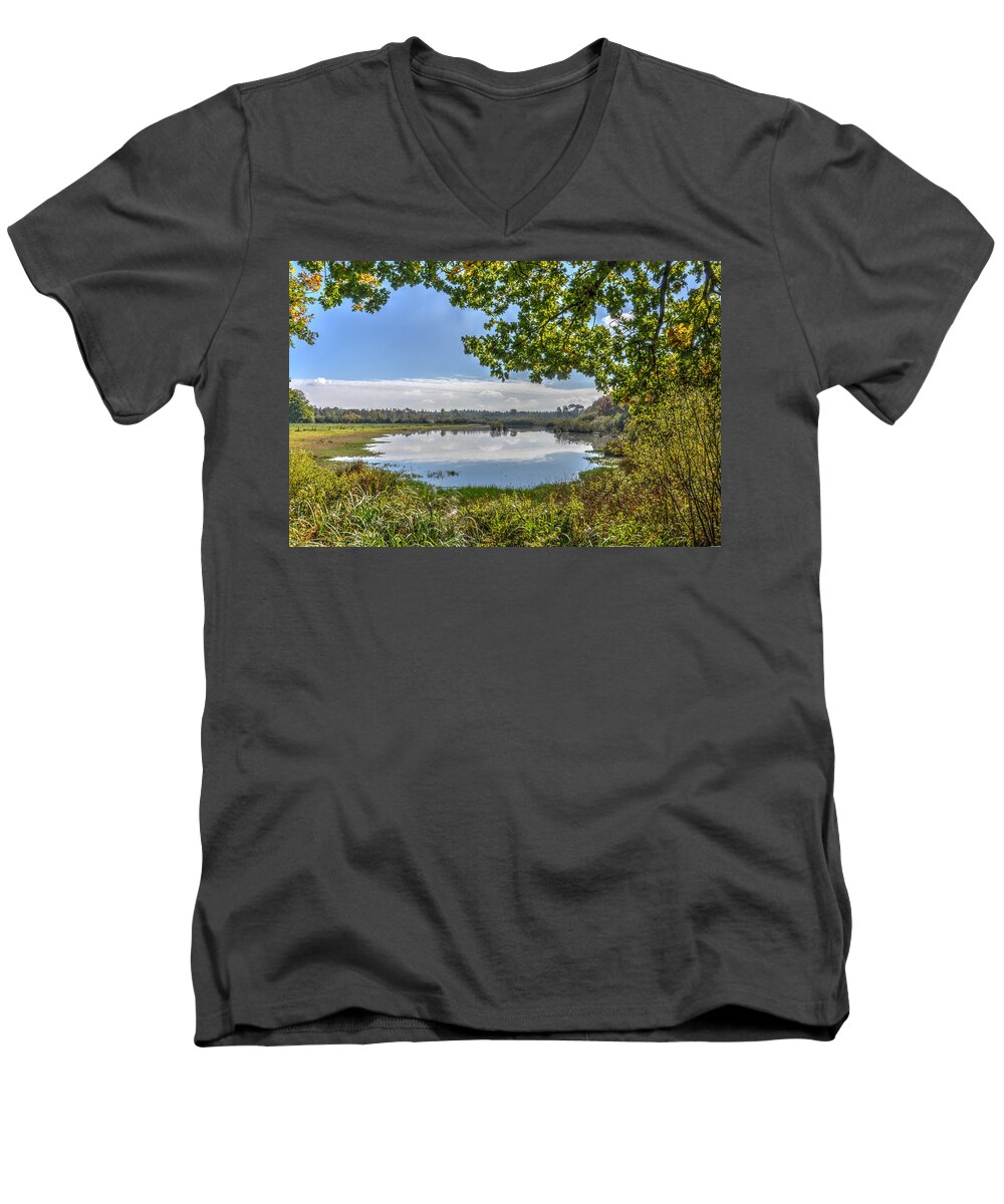 Lake Men's V-Neck T-Shirt featuring the photograph Forest Lake Through The Trees by Frans Blok