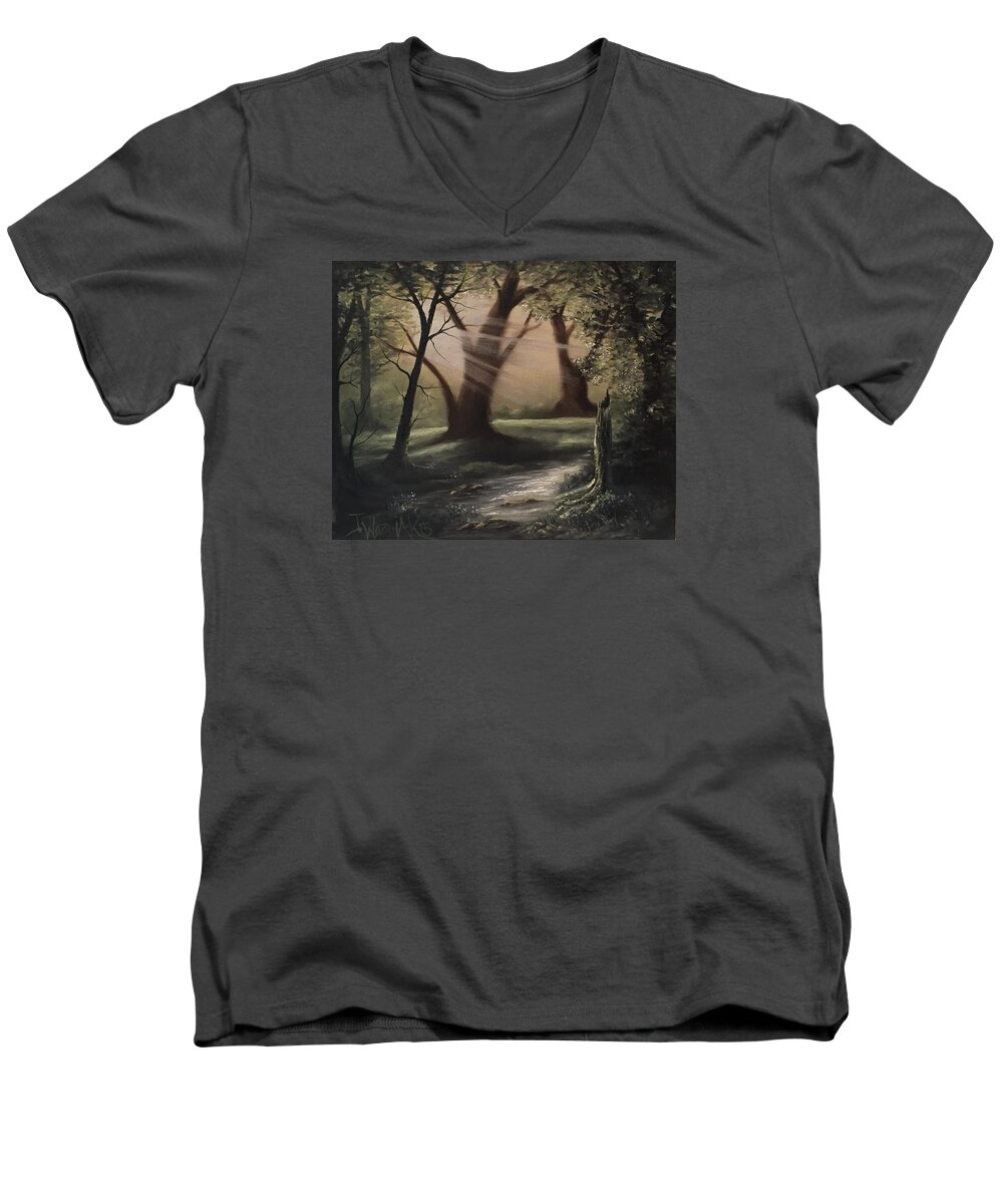Landscape River Forest Trees Sky Water Rocks Lake Sun Sunlit Clouds Men's V-Neck T-Shirt featuring the painting Forest stream by Justin Wozniak