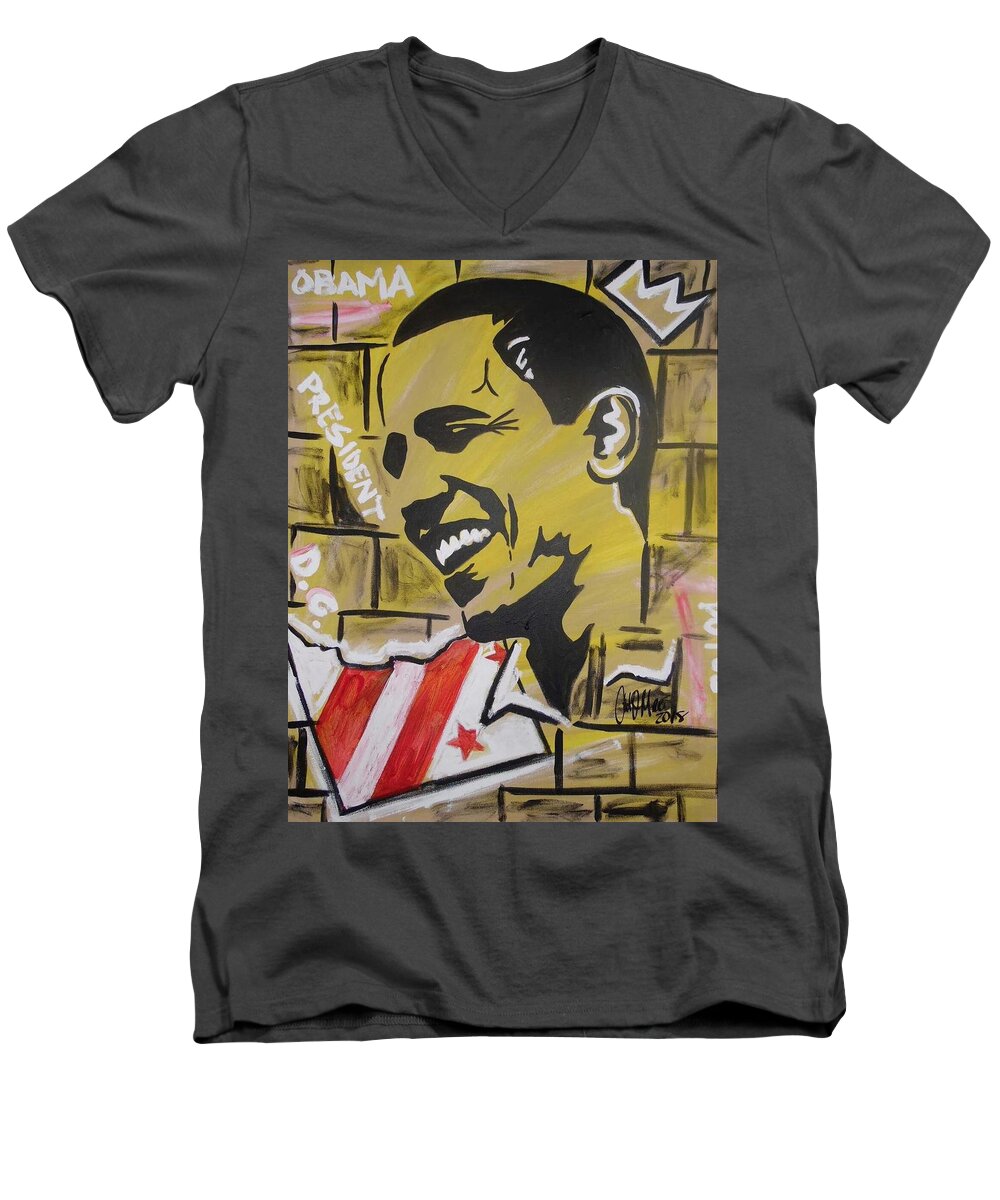 Obama Men's V-Neck T-Shirt featuring the painting Forever POTUS by Antonio Moore