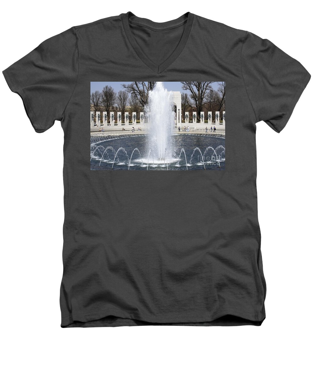 Washington Men's V-Neck T-Shirt featuring the photograph Fountains at the World War II Memorial in Washington DC by William Kuta
