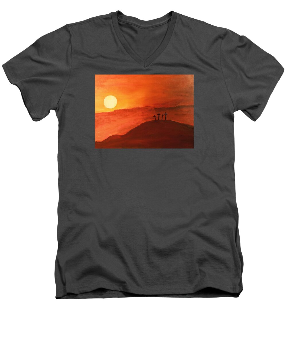 Landscape Men's V-Neck T-Shirt featuring the painting Four Crosses by David Stasiak
