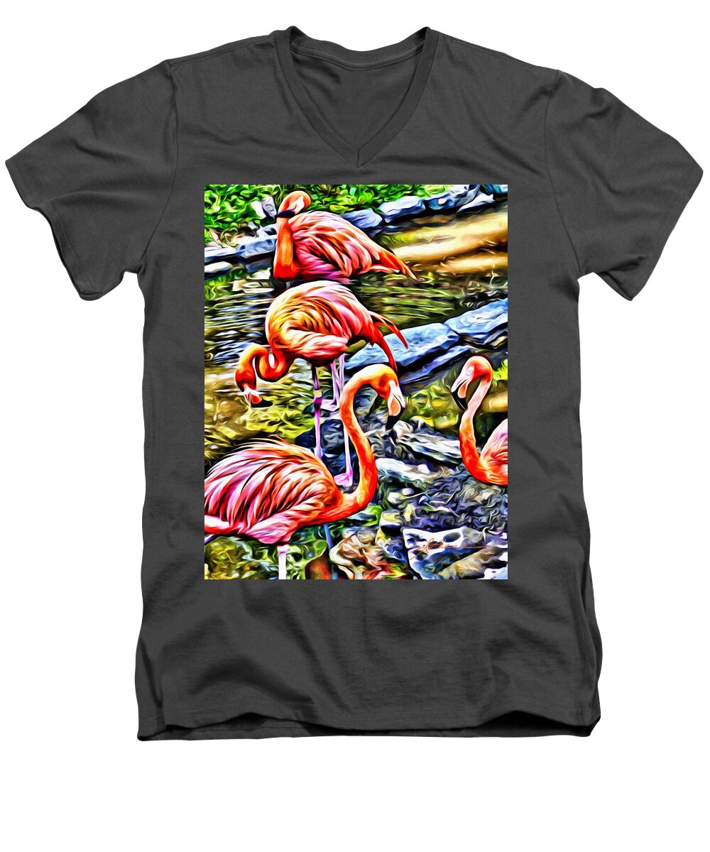 Painting Of Pink Flamingos Men's V-Neck T-Shirt featuring the painting Four Pink Flamingos by Joan Reese