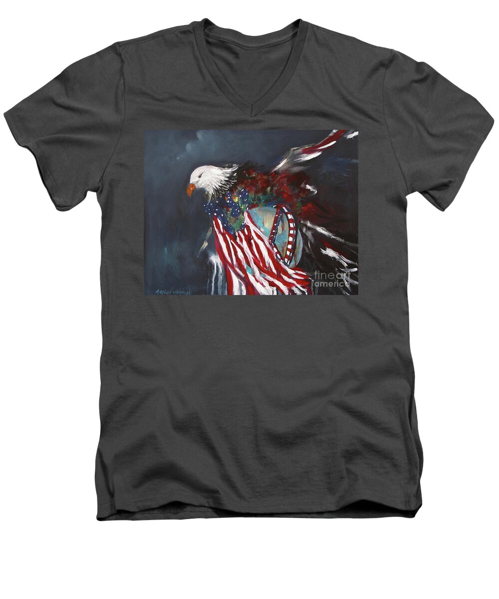 Freedom Rings Eagle American Flag Dark Red White Symbol Abstract Painting Print Peace World Earth Usa Bird Fly Wings Sky American Nation Pride Miroslaw Chelchowski American Eagle Men's V-Neck T-Shirt featuring the painting Freedom Rings by Miroslaw Chelchowski