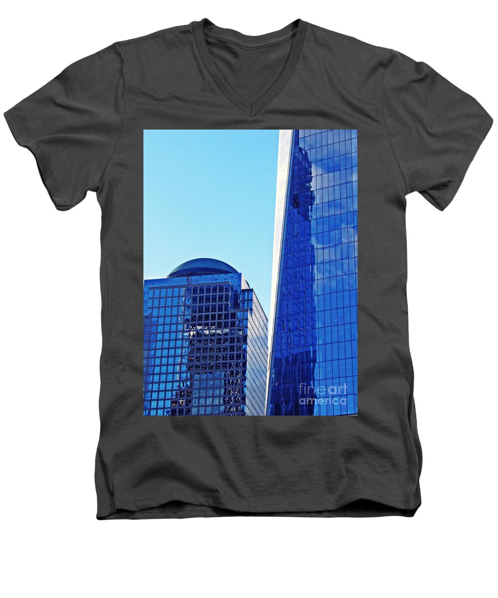 One World Trade Center Men's V-Neck T-Shirt featuring the photograph Freedom Tower and 2 World Financial Center by Sarah Loft