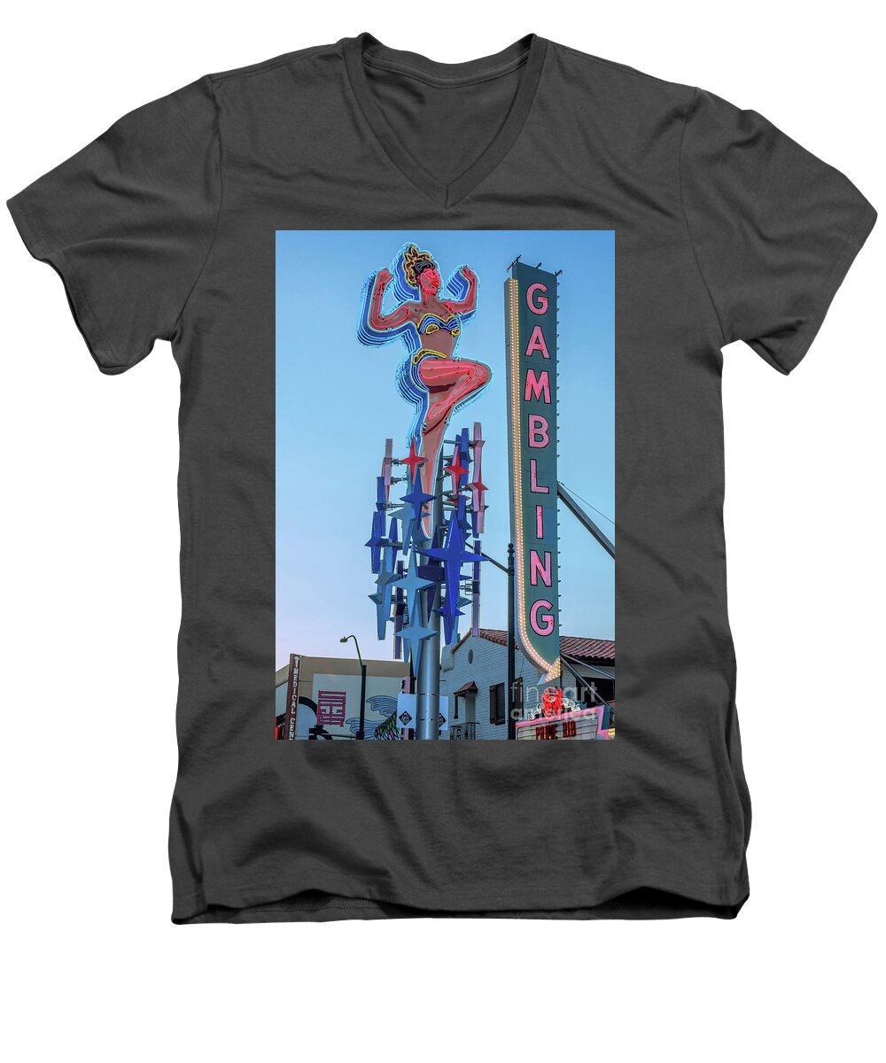 Lucky Lady Men's V-Neck T-Shirt featuring the photograph Fremont Street Lucky Lady and Gambling Neon Signs by Aloha Art