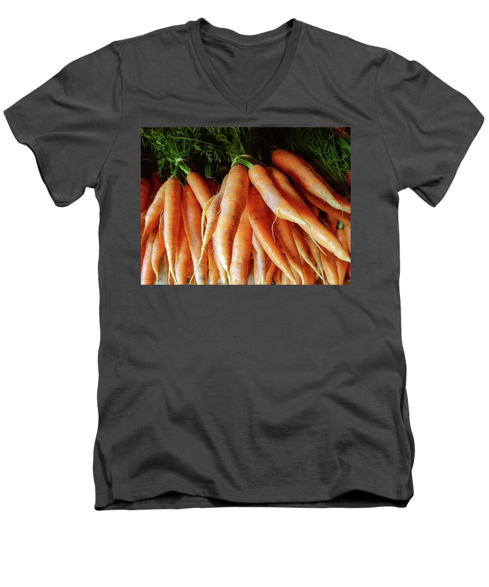 Carrot Men's V-Neck T-Shirt featuring the photograph Fresh carrots from the summer garden by GoodMood Art