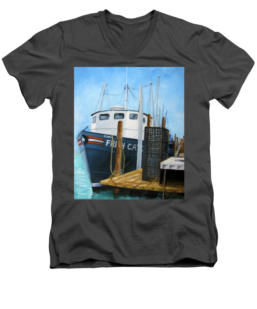 Belford Fishing Port Men's V-Neck T-Shirt featuring the painting Fresh Catch Fishing Boat by Leonardo Ruggieri