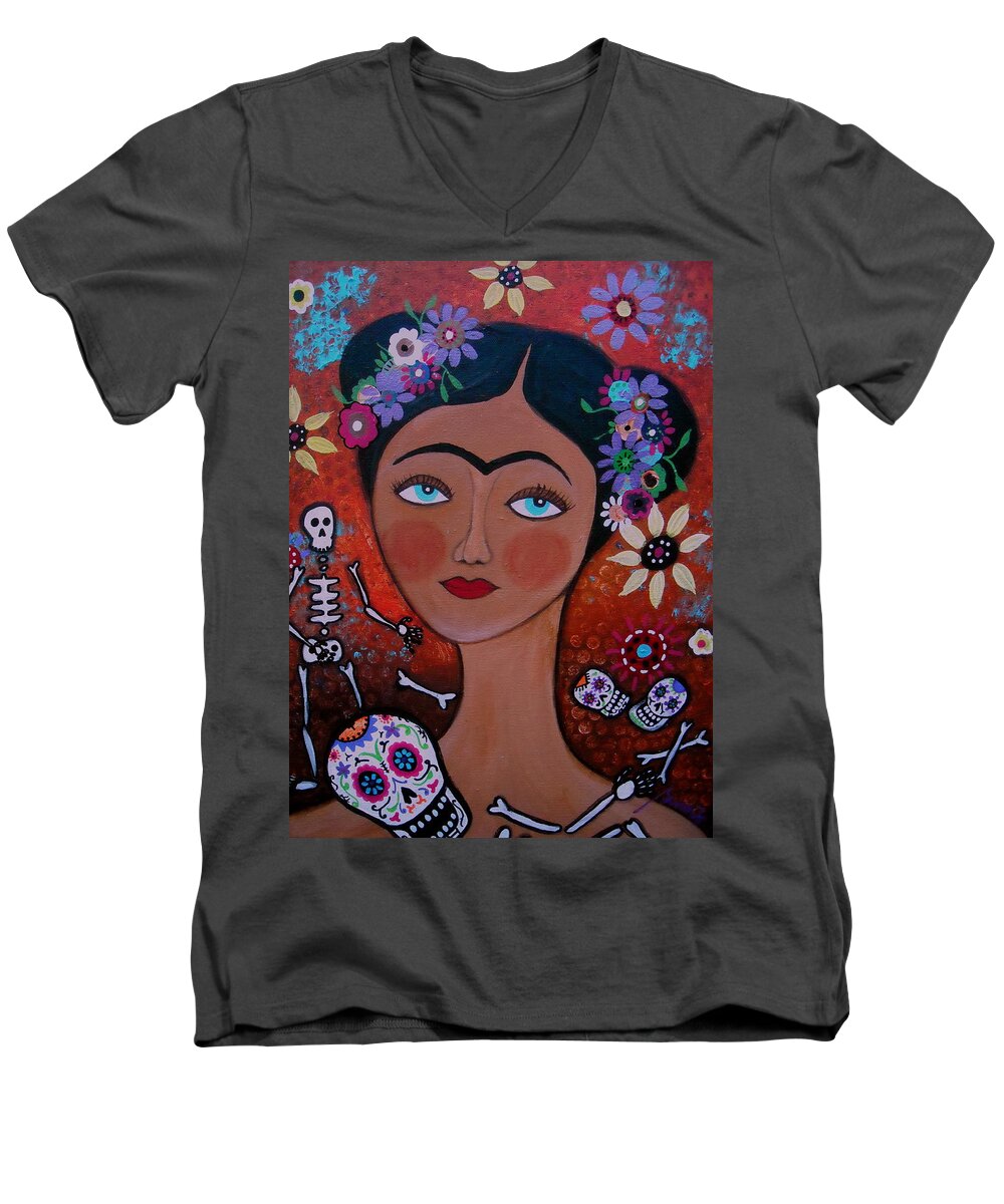 Sugar Men's V-Neck T-Shirt featuring the painting Frida With Skulls by Pristine Cartera Turkus