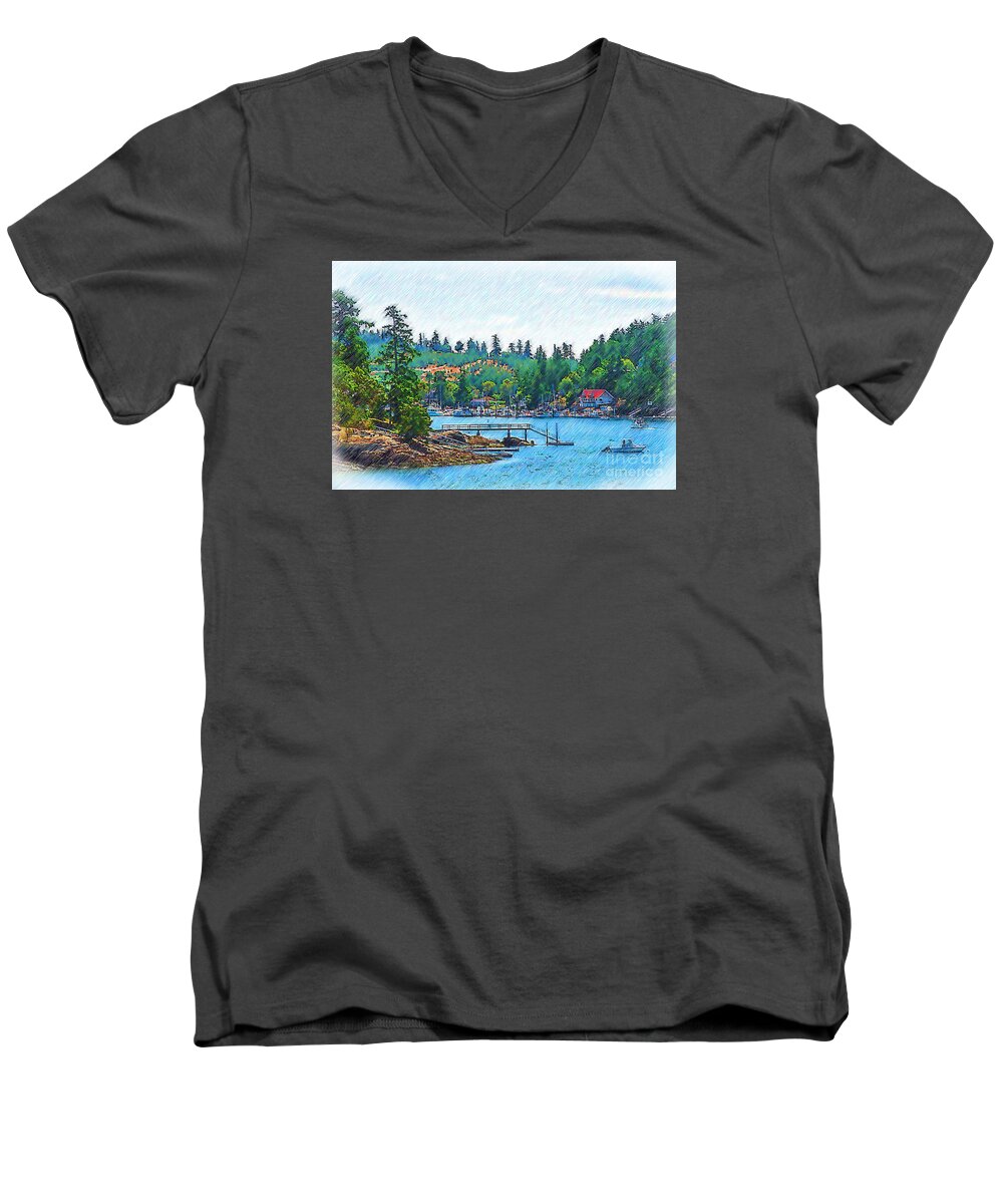 Friday-harbor Men's V-Neck T-Shirt featuring the digital art Friday Harbor Sketched by Kirt Tisdale