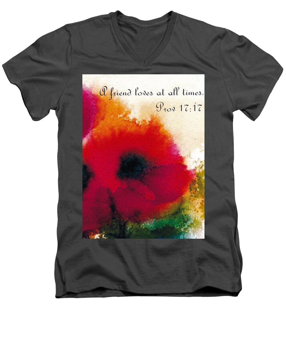 A Friend Loves At All Times Men's V-Neck T-Shirt featuring the painting Friendship by Anne Duke