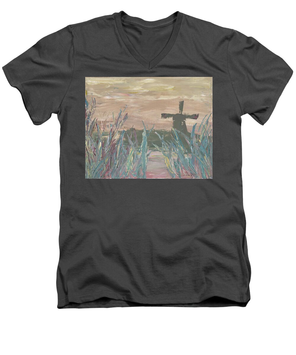 Windmill Men's V-Neck T-Shirt featuring the painting Friesland Breeze by Ovidiu Ervin Gruia