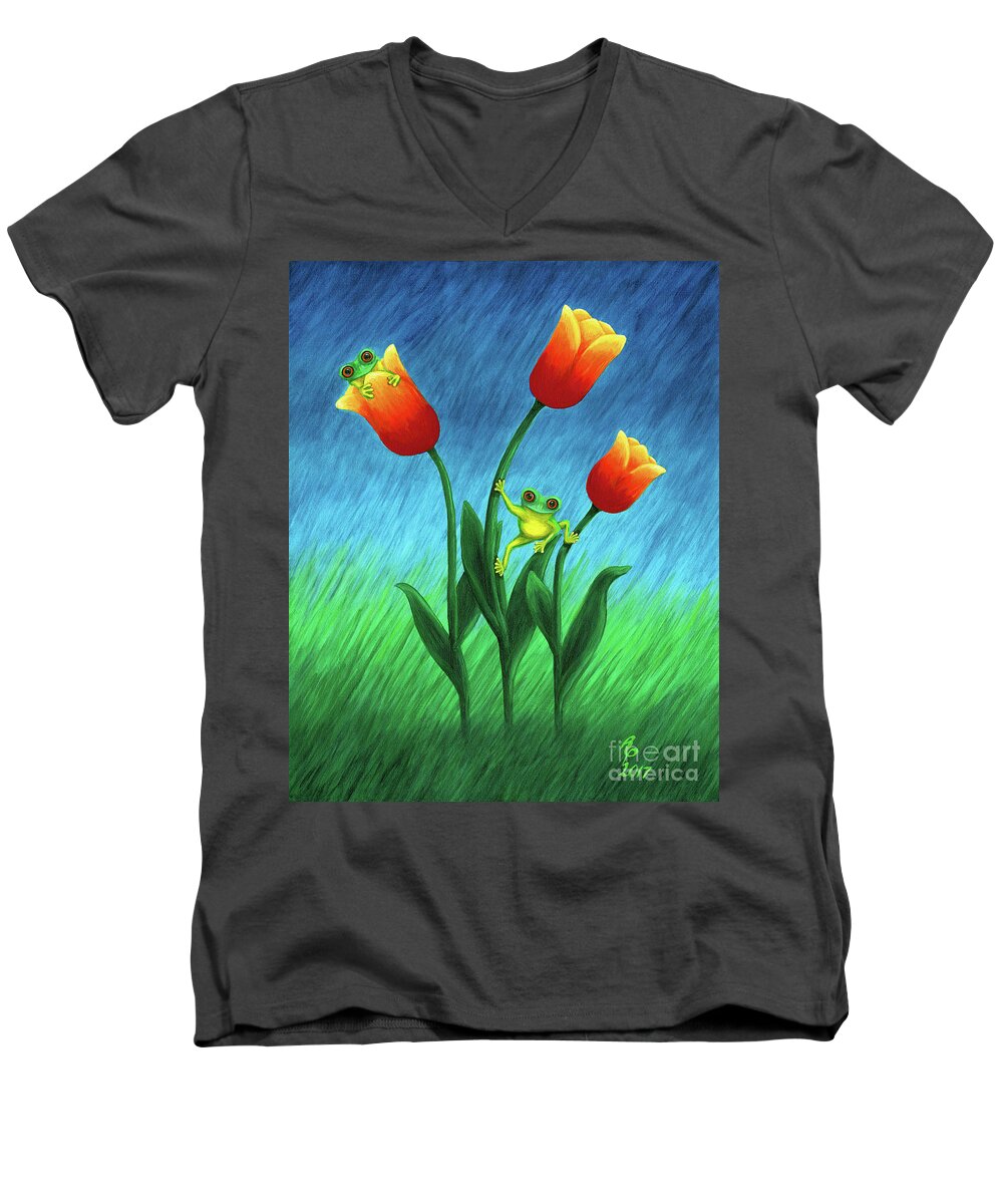 Frogs Men's V-Neck T-Shirt featuring the painting Froggy Tulips by Rebecca Parker