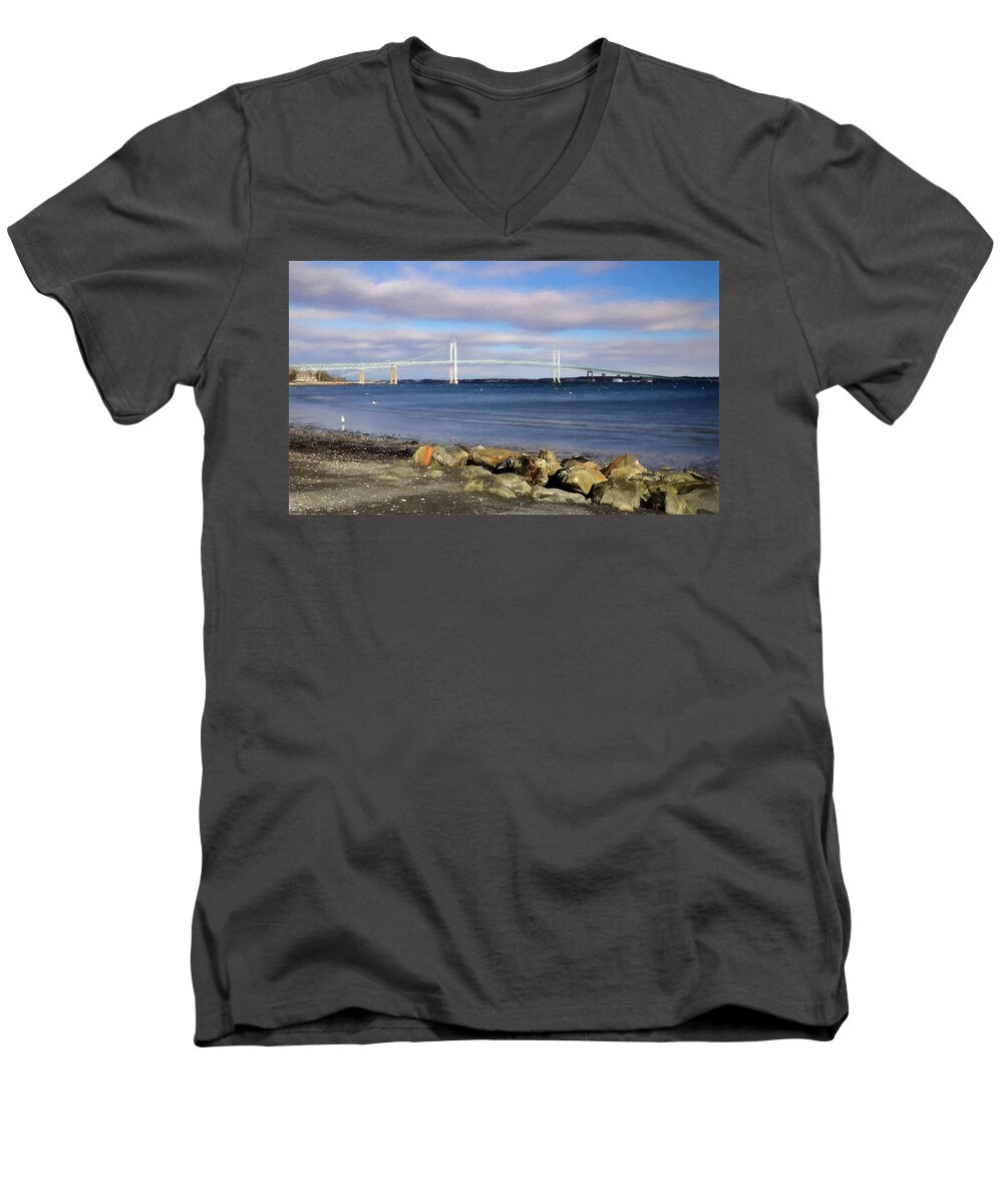 Pell Bridge Men's V-Neck T-Shirt featuring the photograph From the Shores of Jamestown by Nancy De Flon