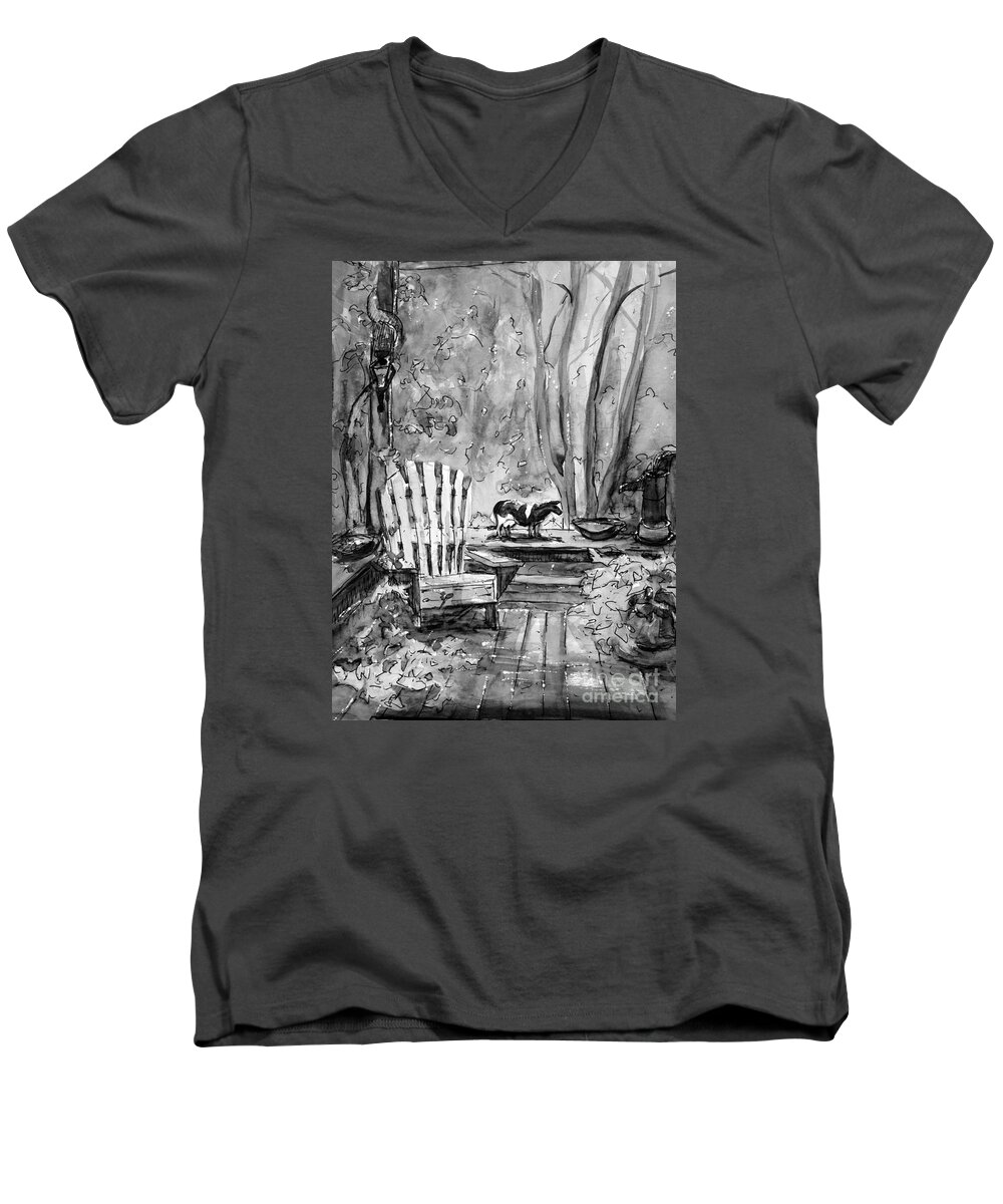 Black & White Men's V-Neck T-Shirt featuring the painting Front Deck BW by Gretchen Allen