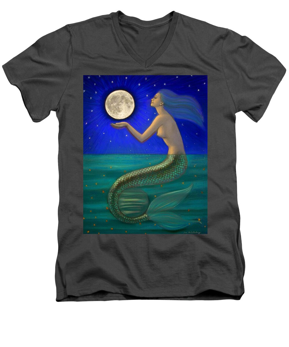 Mermaids Men's V-Neck T-Shirt featuring the painting Full Moon Mermaid by Sue Halstenberg