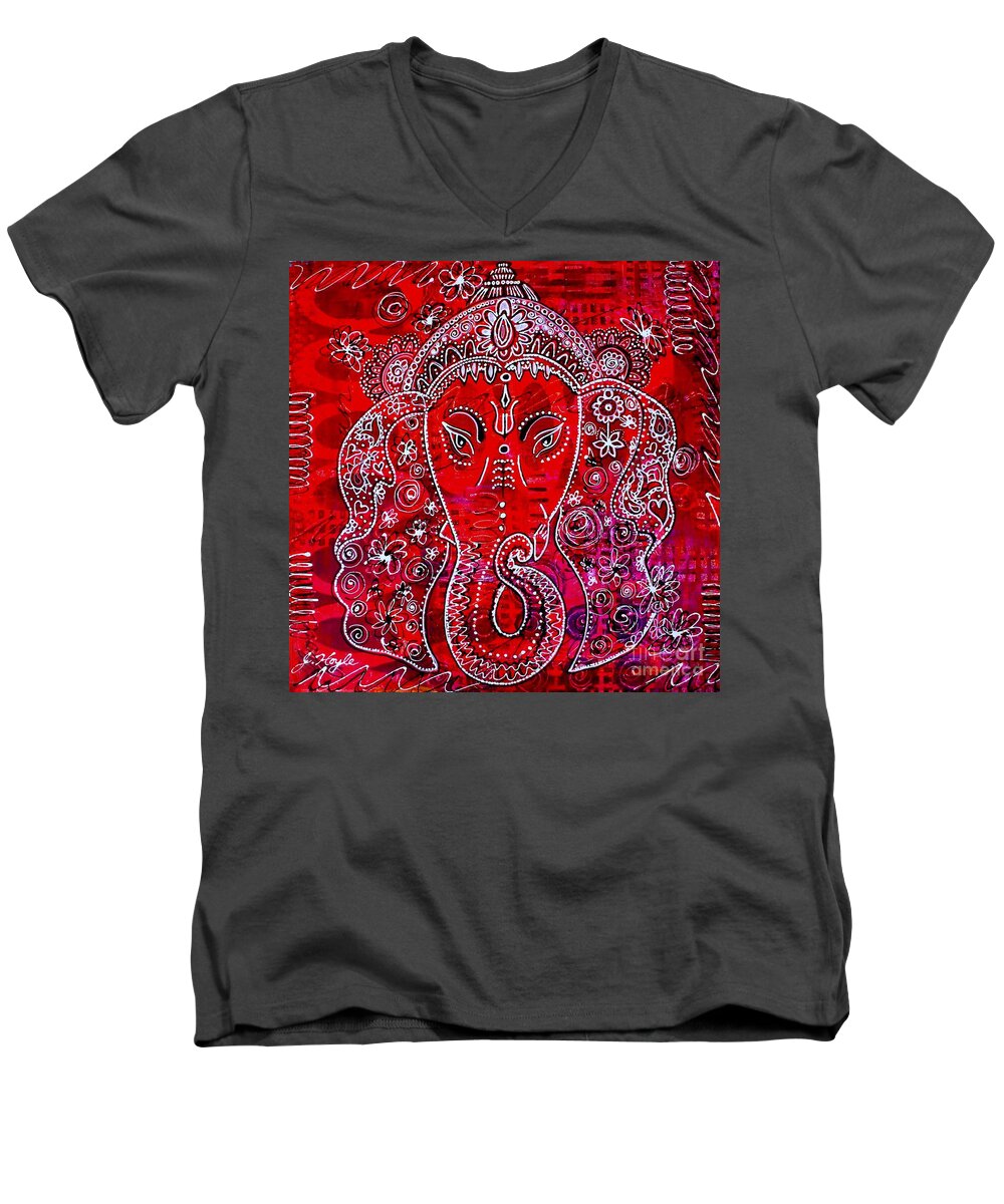 Julie-hoyle Men's V-Neck T-Shirt featuring the painting Ganesha by Julie Hoyle
