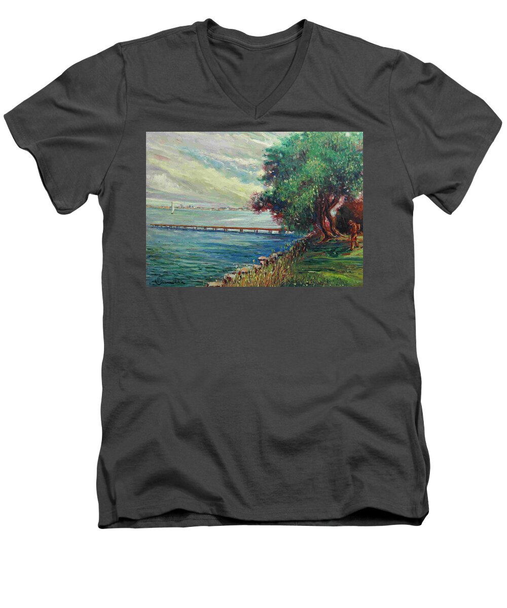 Landscape Men's V-Neck T-Shirt featuring the painting Garda Lake -Lago Garda by Walter Casaravilla