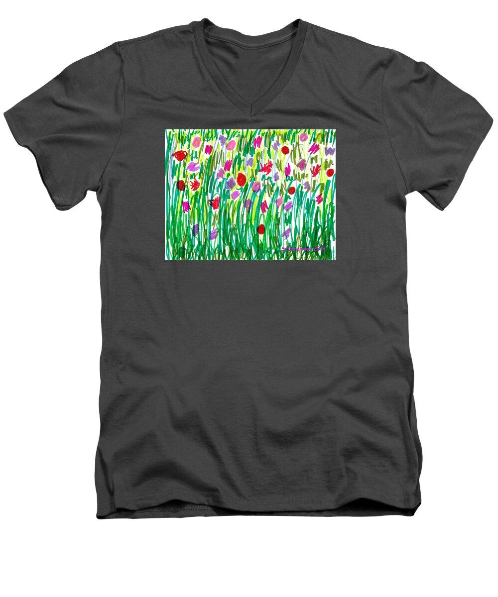 Doodle Art Men's V-Neck T-Shirt featuring the drawing Garden of Flowers by Susan Schanerman