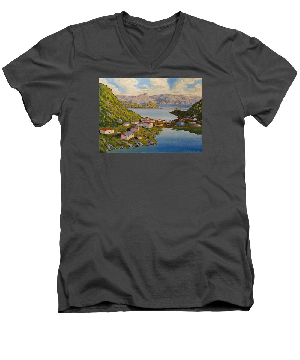 Summer Men's V-Neck T-Shirt featuring the painting Gaultois Village Newfoundland by David Gilmore
