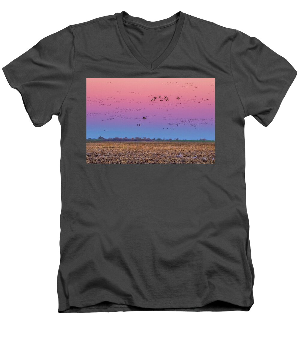 Landscape Men's V-Neck T-Shirt featuring the photograph Geese Flying at Sunset by Marc Crumpler