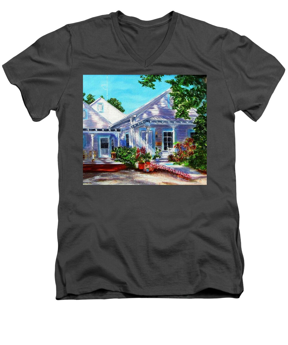 Georgia Street Men's V-Neck T-Shirt featuring the painting Georgia Street, Key West by Linda Cabrera