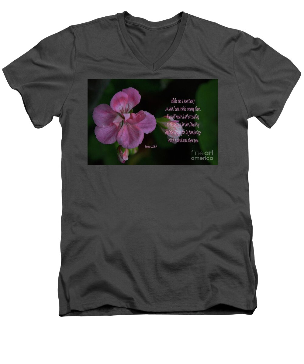 Scripture Men's V-Neck T-Shirt featuring the photograph Geranium After the Rain Scripture by Debby Pueschel