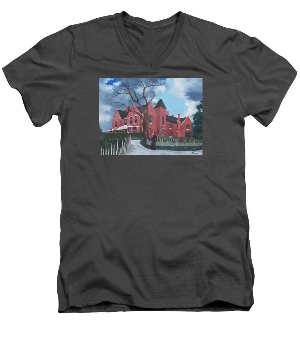 Borley Men's V-Neck T-Shirt featuring the painting Ghostly Nun of Borley Rectory by Barbara Barber
