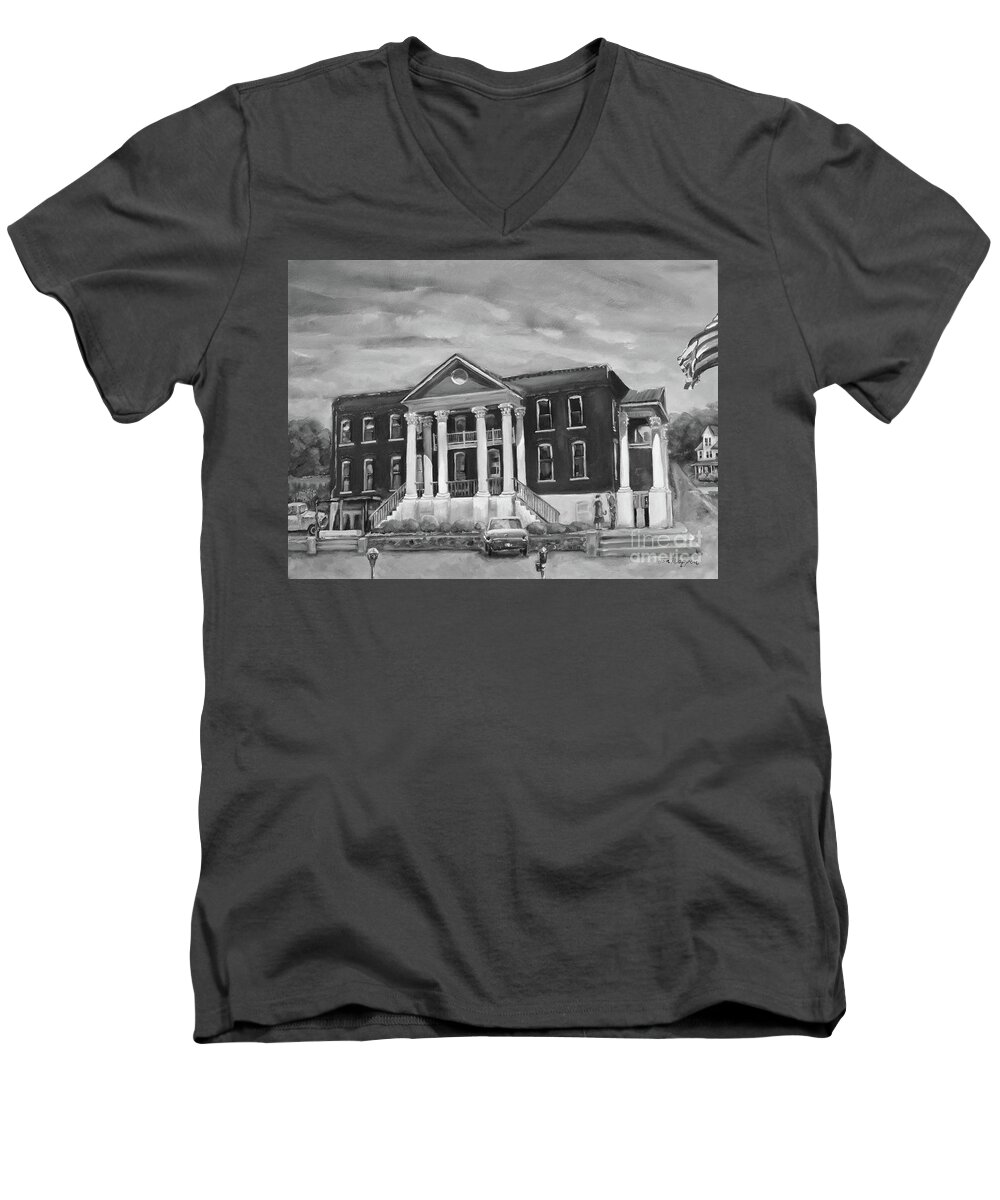 Gilmer County Courthouse Men's V-Neck T-Shirt featuring the painting Gilmer County Old Courthouse - Black and White by Jan Dappen