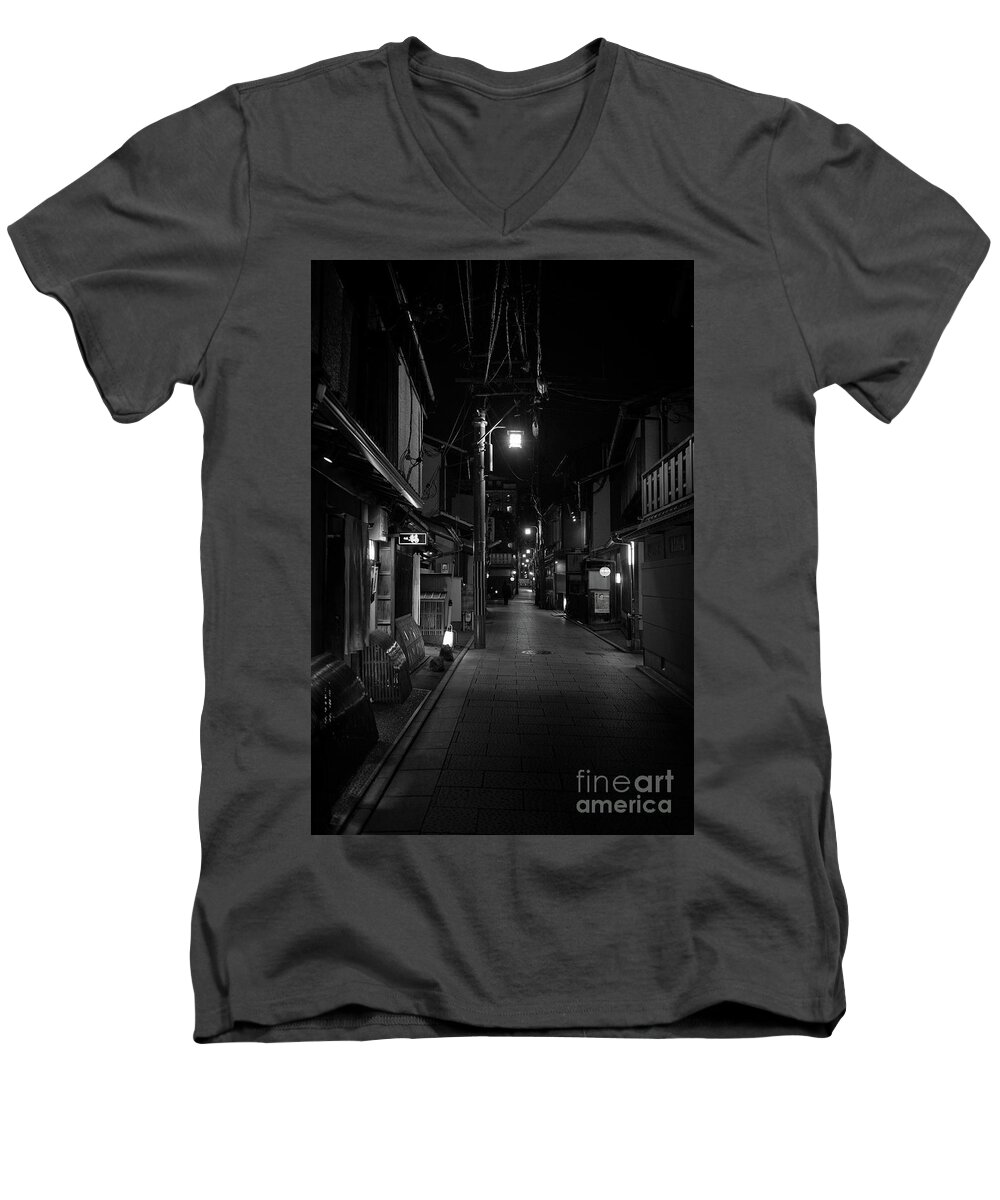 Travel Men's V-Neck T-Shirt featuring the photograph Gion Street Lights, Kyoto Japan by Perry Rodriguez