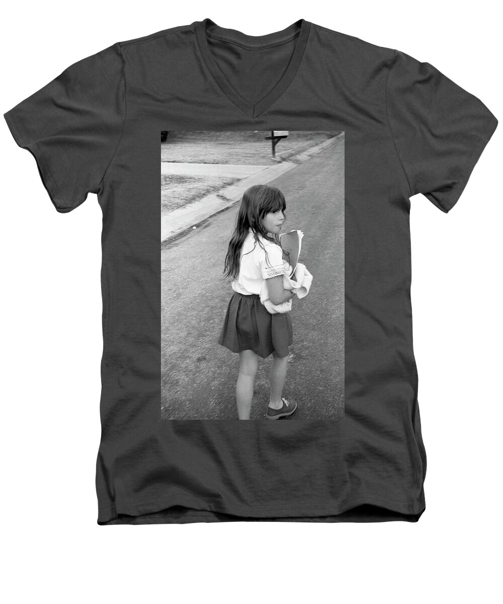 School Men's V-Neck T-Shirt featuring the photograph Girl Returns Home from School, 1971 by Jeremy Butler