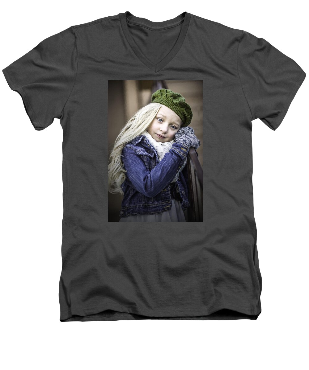 Beautiful Model Girl Portrait Face Hair Child Painting Blonde Children French Men's V-Neck T-Shirt featuring the painting Girl by Vincent Monozlay