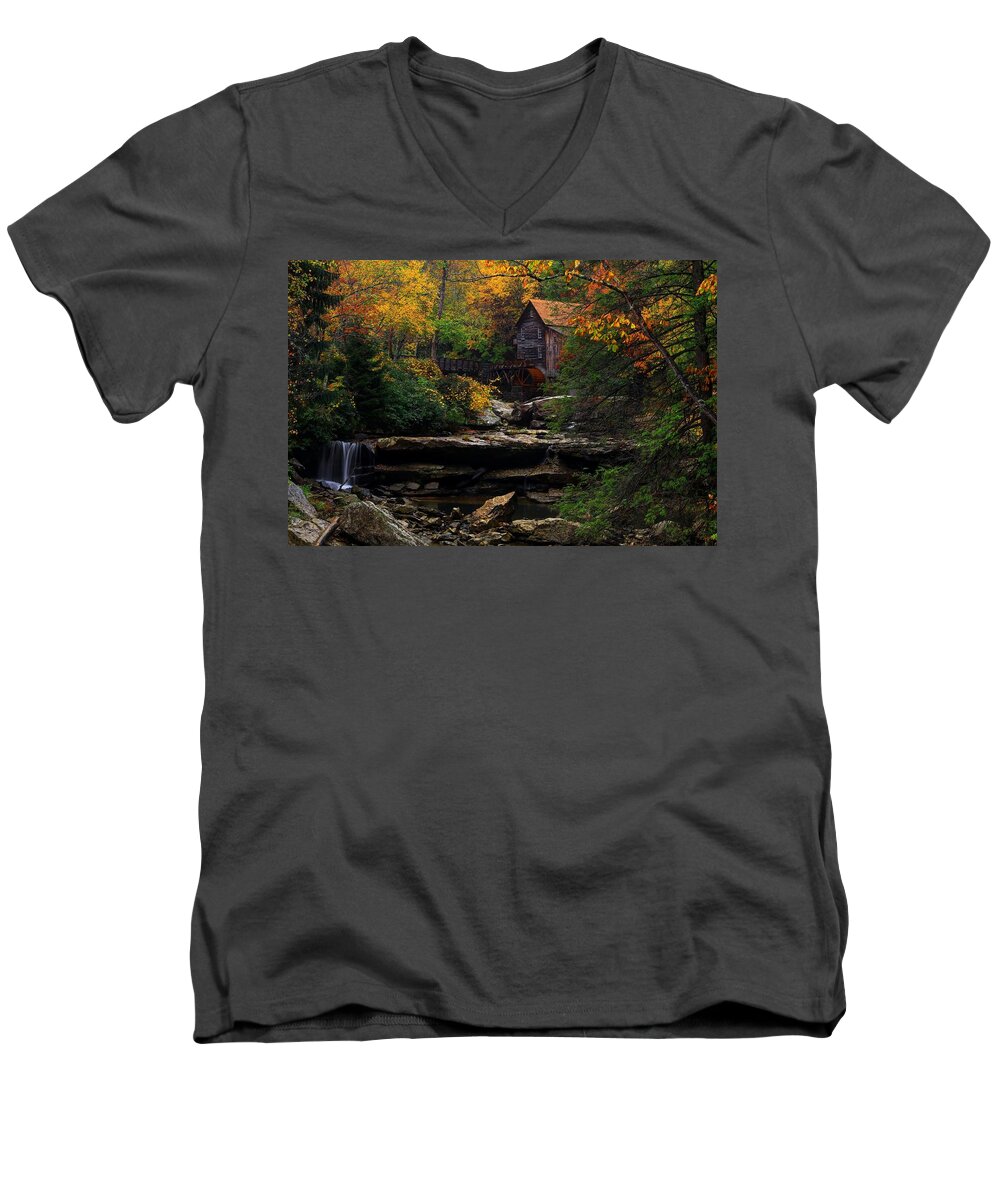 Glades Creek Grist Mill Men's V-Neck T-Shirt featuring the photograph Glades Creek Grist Mill West Virginia by Carol Montoya