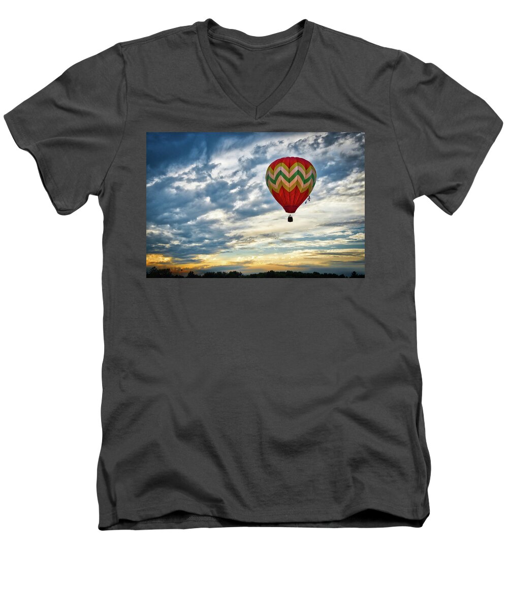 Hot Air Balloon Men's V-Neck T-Shirt featuring the photograph Gliding Through Sunset by Neil Shapiro